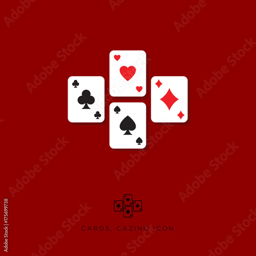 Flat icon card game. Casino icon. Different cards on a burgundy background.