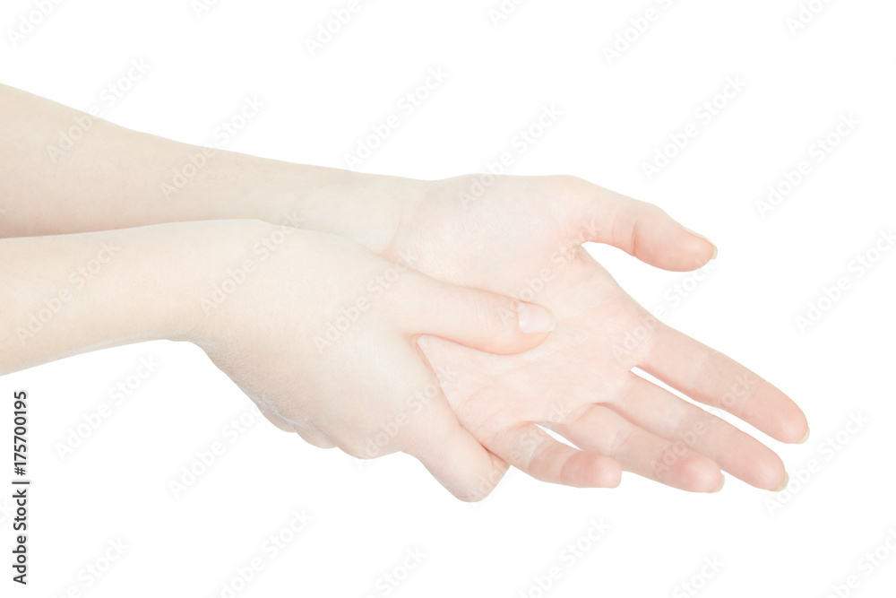 Woman hand touching with thumb the painful palm isolated on white, clipping path