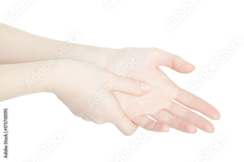 Woman hand touching with thumb the painful palm isolated on white, clipping path © andersphoto
