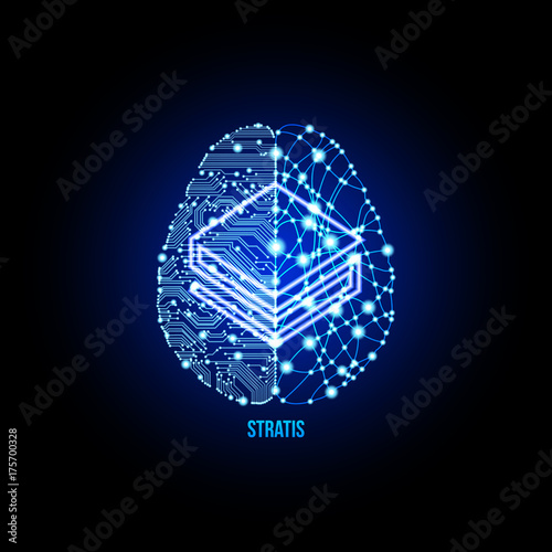 Crypto currency stratis on brain background on black background. Vector illustration. Use for logos, print products, page and web decor or other design.