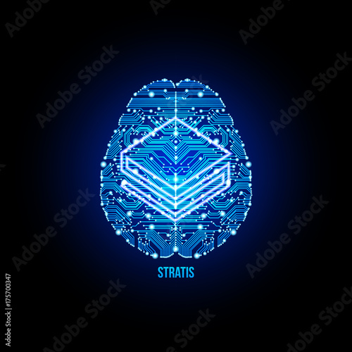 Crypto currency stratis on brain background on black background. Vector illustration. Use for logos, print products, page and web decor or other design.