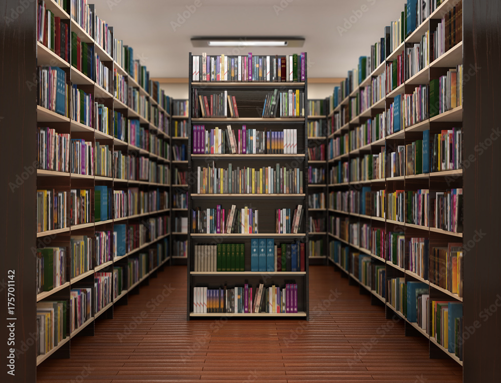Bookshelf in book store. 3d illustration Bookshelf in book store. 3d illustration
