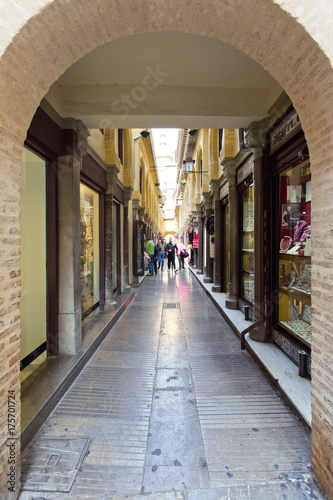 Alcaiceria Market in Granada, Spain. Narrow streets filled with shops called Alcaiceria