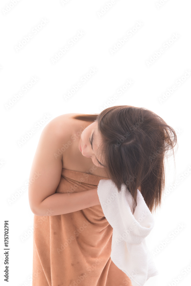 Beautiful woman woman wipe her wet hair with a towel after bath. Beautiful woman woman wipe her wet hair with a towel after bath.