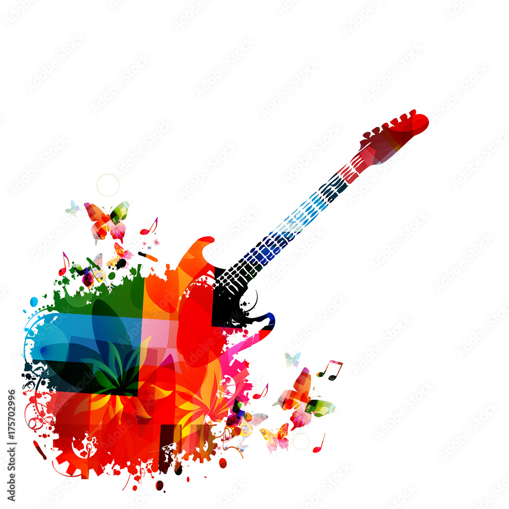 Music instrument background. Colorful guitar with music notes isolated