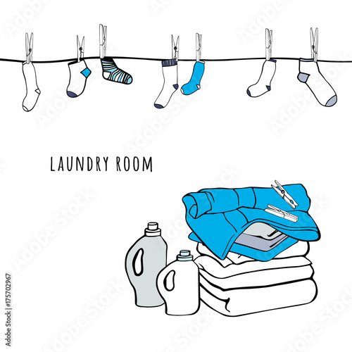 Rope with socks and clothespins. Folded sheets, towels and a detergent. Isolated symbols of laundry. Background for advertising, brochures, flyers. Hand drawn vector Illustration.
