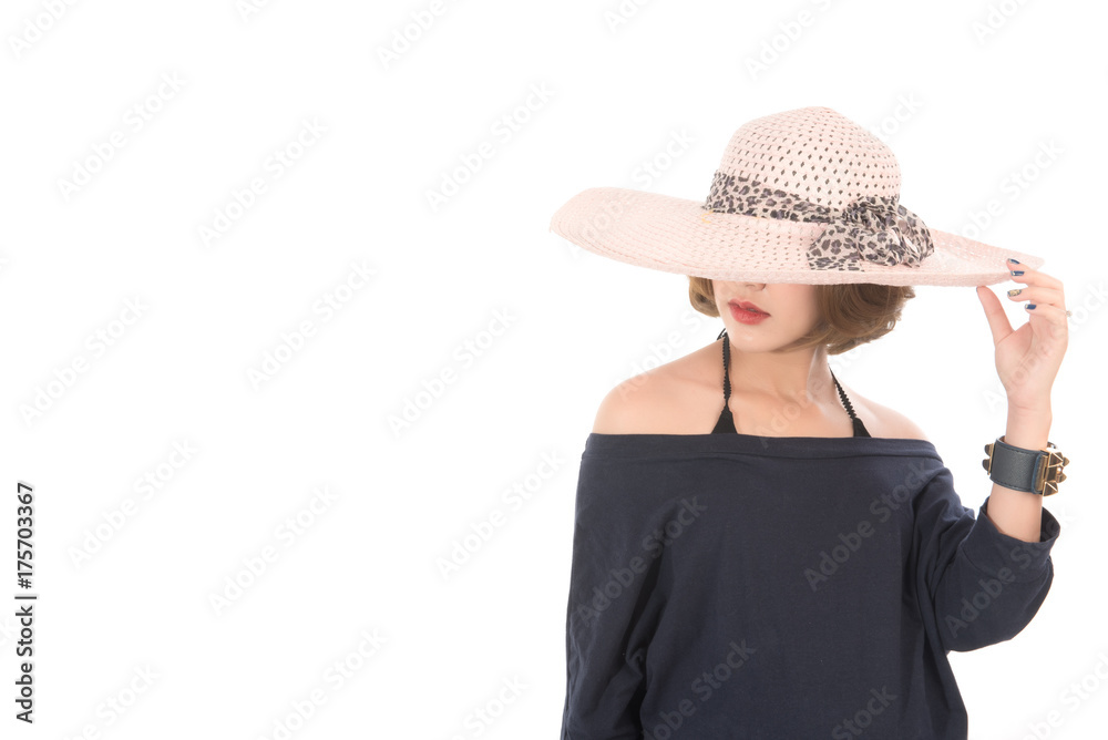 Portrait of asian woman in hat isolated on white background. Portrait of asian woman in hat isolated on white background.