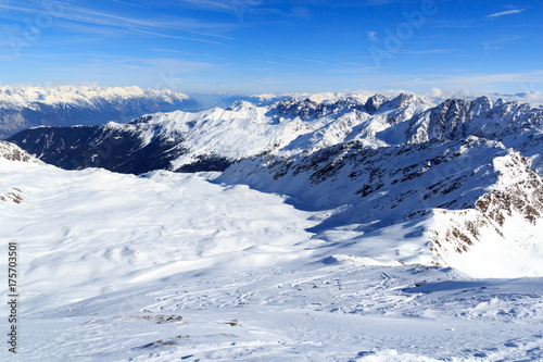 Mountain panorama with snow and ski tracks in winter in Stubai Alps, Austria