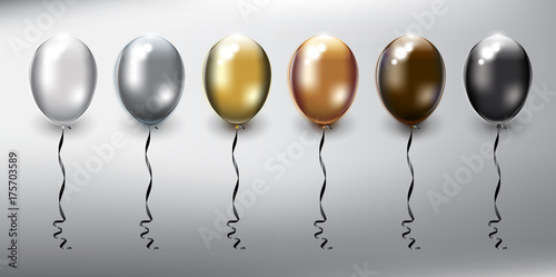 Set of 6 metallic helium balloons. Inflatable air flying balloons. Isolated with realistic transparent glass shine and shadow on the light background. Vector illustration. Eps10.