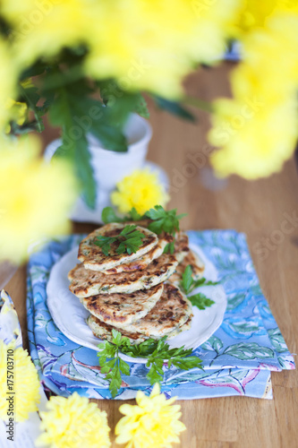 pancakes for breakfast. healthy diet. yellow flowers
