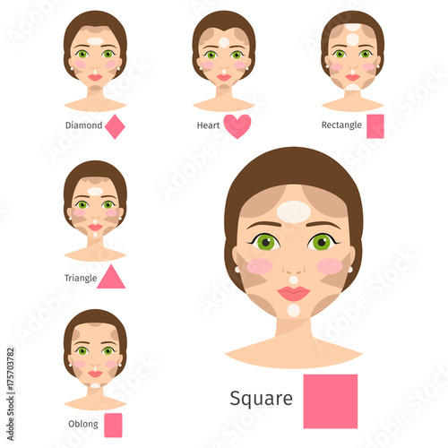 Set of different woman face types vector illustration character shapes girl makeup beautiful female