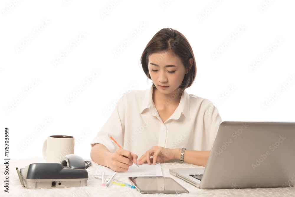 Portrait of young asian business woman in the office with laptop, isolated on white background, this image for business concept. Portrait of young asian business woman in the office with laptop, isolated on white background, this image for business concept.