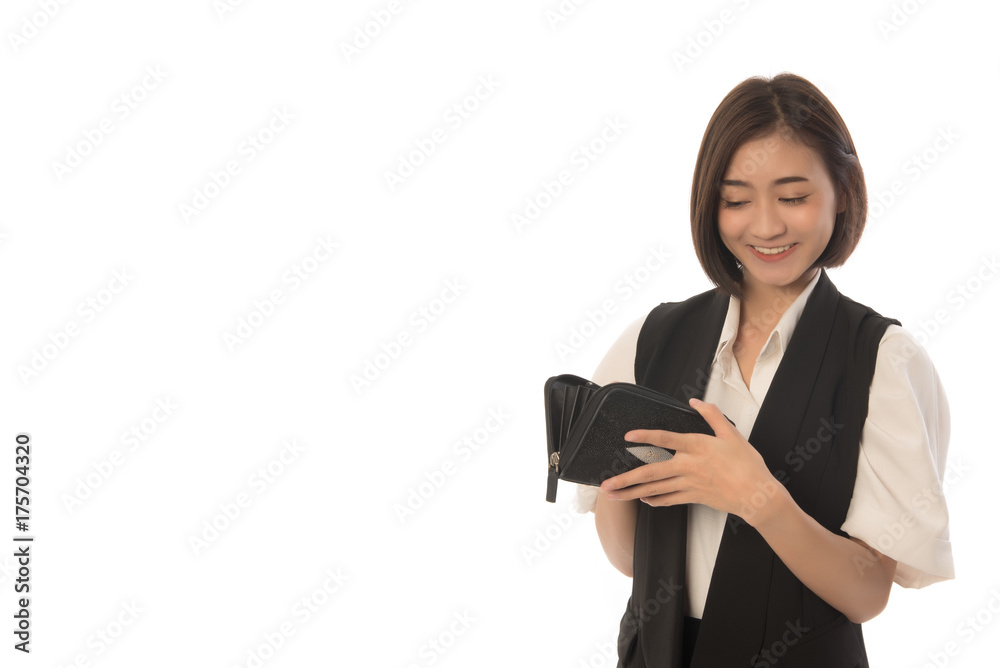 Portrait of business asian woman open her wallet and smile isolated on white background. Woman smile look inside the purse. Portrait of business asian woman open her wallet and smile isolated on white background. Woman smile look inside the purse.