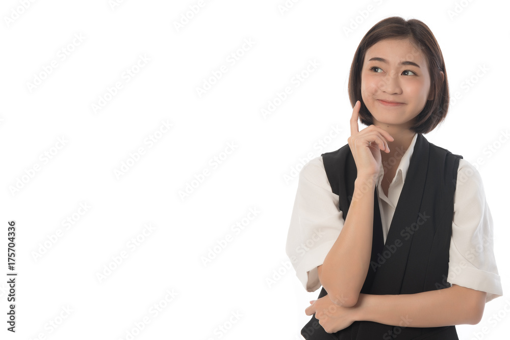 Portrait of woman thinking and looking upwards isolated on white background. Concept reflection and perception for business. Free form copy space. Portrait of woman thinking and looking upwards isolated on white background. Concept reflection and perception for business. Free form copy space.
