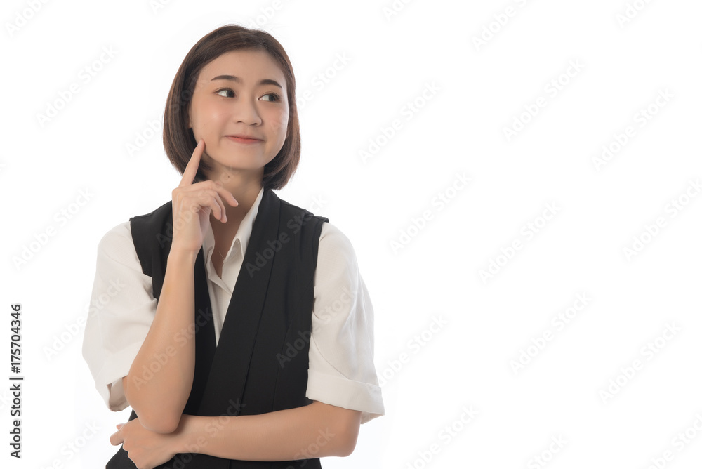 Portrait of woman thinking and looking upwards isolated on white background. Concept reflection and perception for business. Free form copy space. Portrait of woman thinking and looking upwards isolated on white background. Concept reflection and perception for business. Free form copy space.