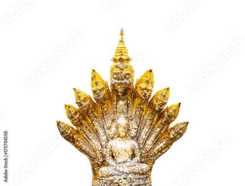 Golden buddha and King Naga statue or nine headed giant snake with Isolated on white background. Generally called Pa Ya Nak. Fairy tale animals traditional of thai buddhist, Thai culture in Thailand.  photo