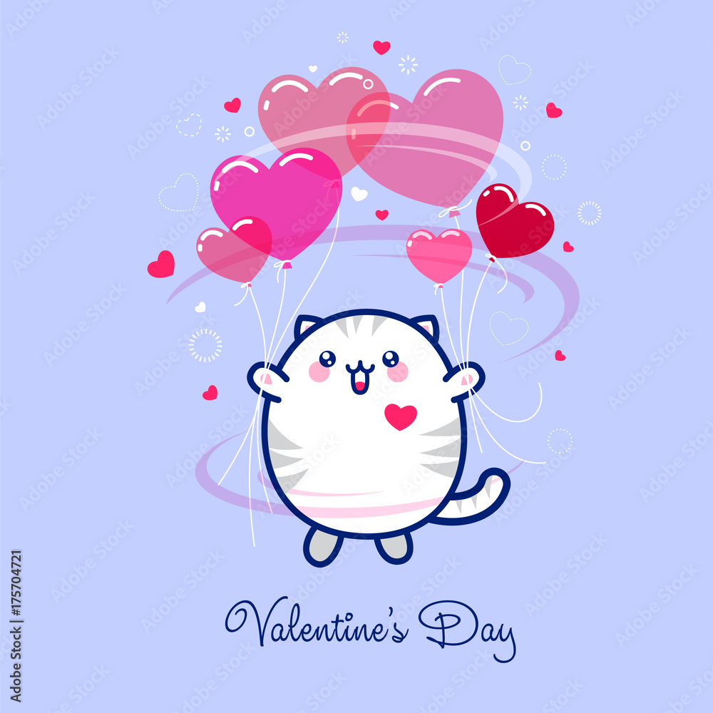 Kawaii cute cat with balloons as hearts on a pink background with stars and small hearts.