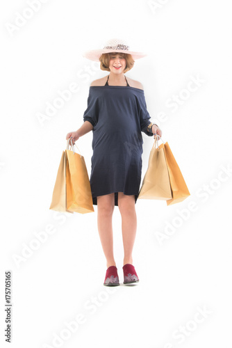 pregnancy, sale, motherhood, people and expectation concept, Asian pregnancy holding shopping bags isolated on white background.