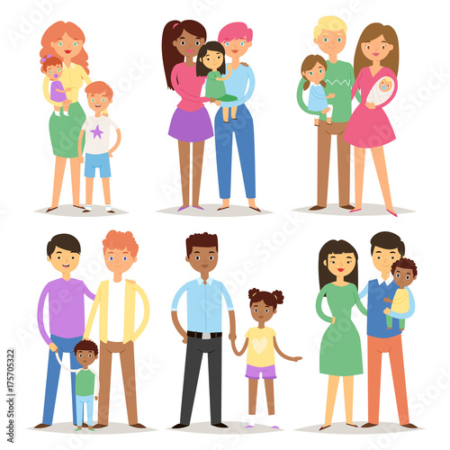 Happy different family couples characters mother father baby multinational people together vector illustration.