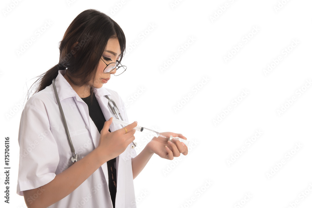 Portrait of asian doctor injection in hand isolated on white background. Medicine plastic vaccination equipment with needle. Nurse or doctor.Health care concept. Portrait of asian doctor injection in hand isolated on white background. Medicine plastic vaccination equipment with needle. Nurse or doctor.Health care concept.
