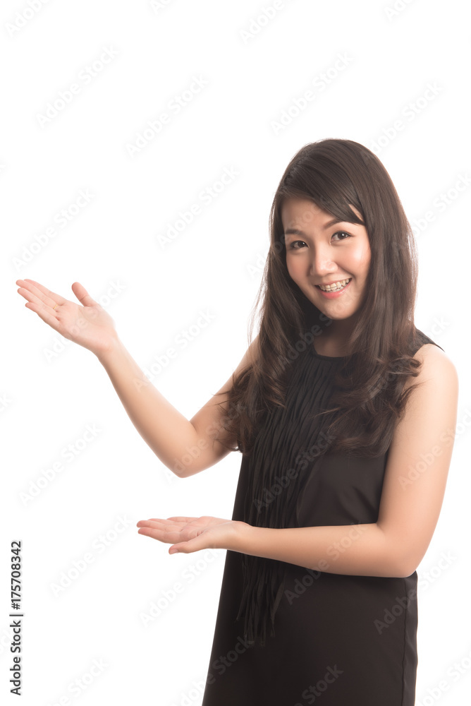 smiling, happy, positive woman with pointing hand gesture, concept of showing, presenting, advertising on isolated blank space. Asian business woman smiling. smiling, happy, positive woman with pointing hand gesture, concept of showing, presenting, advertising on isolated blank space. Asian business woman smiling.