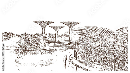 Sketch of garden by the bay at Bay South Singapore in vector illustration.