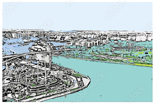 Vector Sketch with color of cityscape of Singapore skyline in illustration.