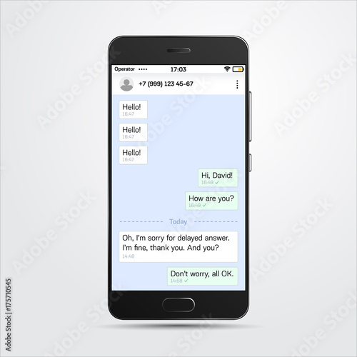Realistic messenger template inside the high detailed realistic smartphone. 