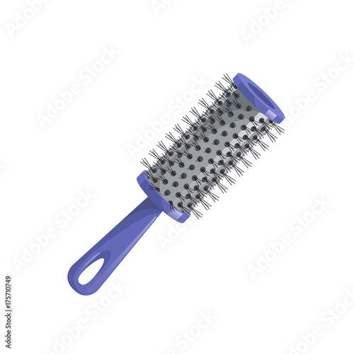 Cartoon trendy style blue cylinder hair brush for styling. Vector make up and hair care illustration.