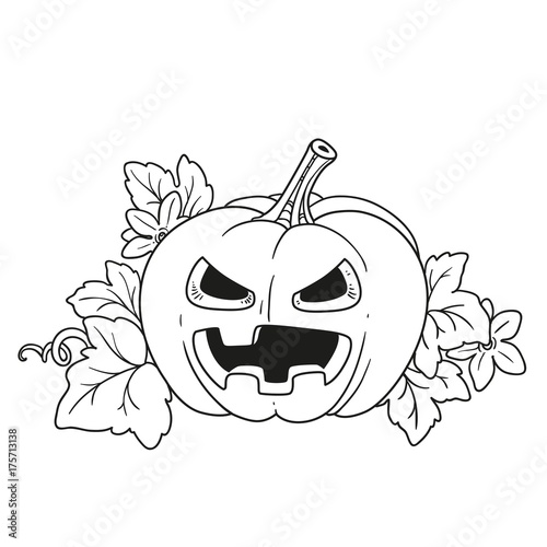 Lantern from pumpkin with the cut out of a terrible grin and leaves outlined for coloring page