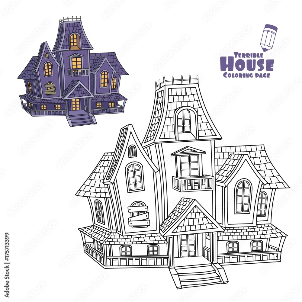 Witch house color and outlined for coloring page