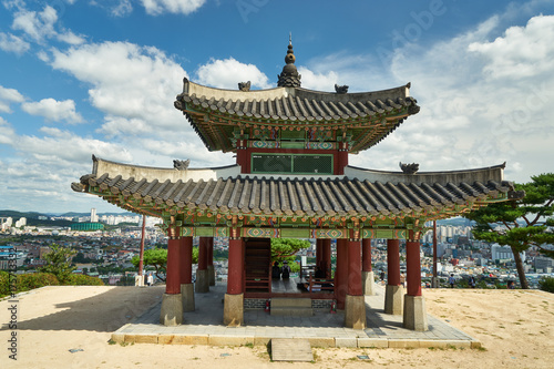 Historic Pavilion of Hwaseong Fortress on a hill with nice view at Suwon City, South Korea