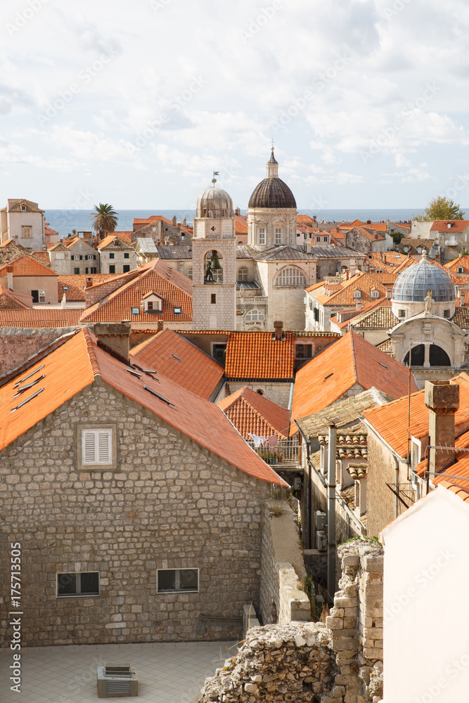 Church chapels and red roof of Dubrovnik, city on the Adriatic Sea. Croatia