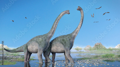 couple of Brachiosaurus altithorax and a flock of Pterosaurs in a scenic Late Jurassic landscape © dottedyeti
