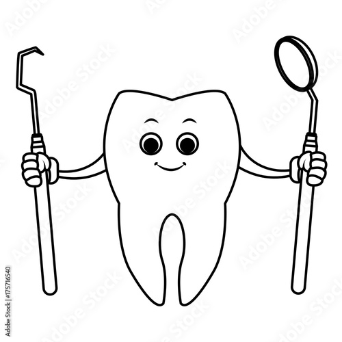 Tooth with dental tools cartoon icon vector illustration graphic design