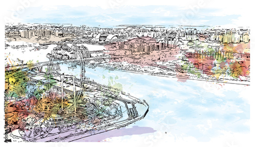 Watercolor sketch of Aerial view of Singapore business district and city in Singapore, Asia in vector illustration.