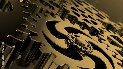 Inside a clock, infinite into the clockwork mechanism. Watch mechanism macro. Connecting Gears system. Detail of gearbox, small gears DOF. loop spinning gears and cogs. Automotive transmission gearbox