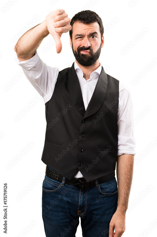 Cool man making bad signal on isolated white background Cool man making bad signal on isolated white background