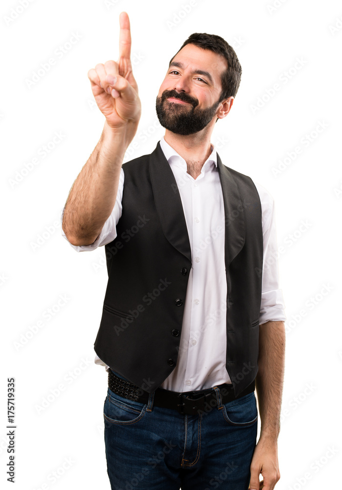 Cool man touching on transparent screen on isolated white background Cool man touching on transparent screen on isolated white background