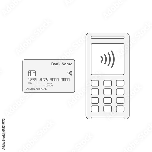 Illustration of payment technology, 
contactless nfc credit card, 
wireless pos terminal