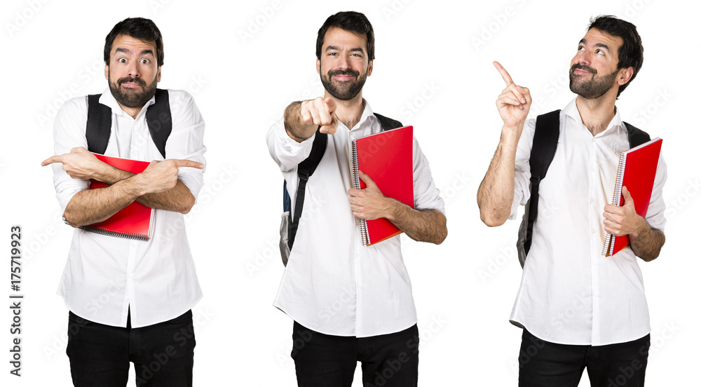 Student man pointing to the front, up and laterals Student man pointing to the front, up and laterals