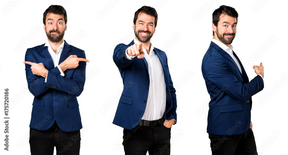 Handsome man pointing to the front Handsome man pointing to the front