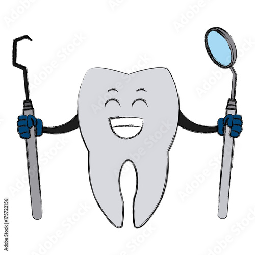 Tooth with dental tools cartoon icon vector illustration graphic design