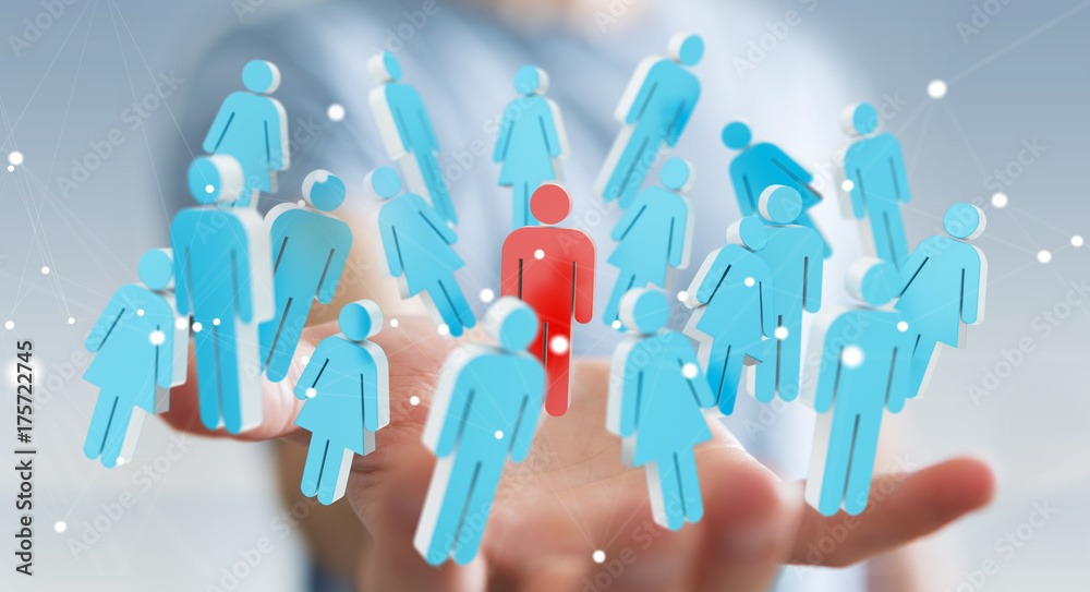 Businessman holding 3D rendering group of people in his hand Businessman holding 3D rendering group of people in his hand
