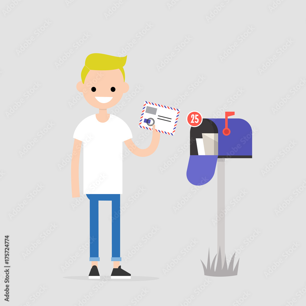 Young character holding an envelope with the stamps. Paper letter. Correspondence / flat editable vector illustration, clip art Young character holding an envelope with the stamps. Paper letter. Correspondence / flat editable vector illustration, clip art