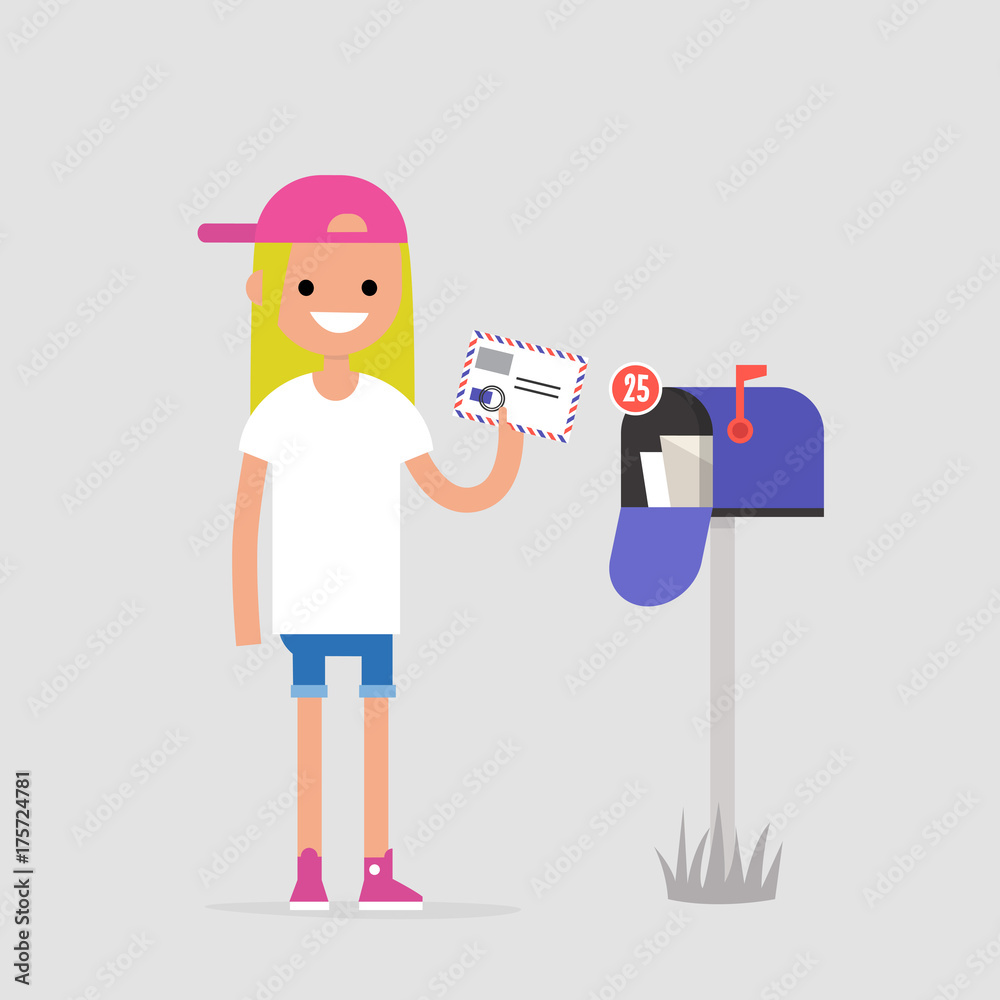 Young female character holding an envelope with the stamps. Paper letter. Correspondence / flat editable vector illustration, clip art Young female character holding an envelope with the stamps. Paper letter. Correspondence / flat editable vector illustration, clip art