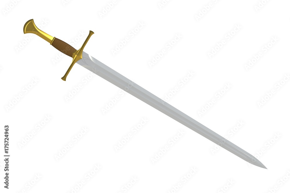 Sword displayed by diagonal, isolated on white background, 3D rendering