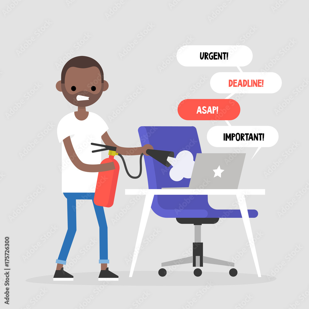 Troubleshooting, conceptual illustration. Young black character trying to extinguish a fire on his workplace / flat editable vector illustration, clip art