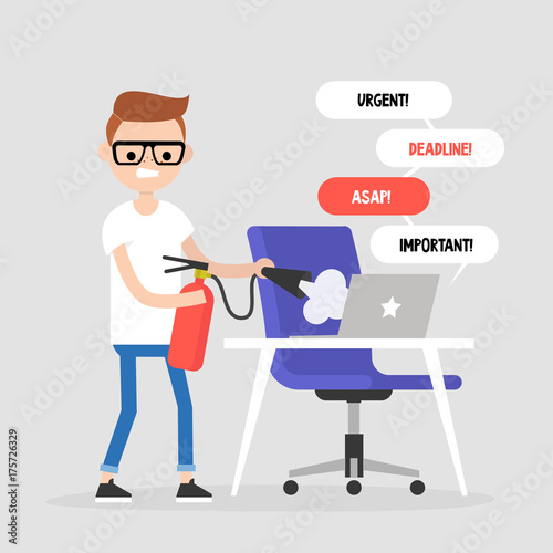 Troubleshooting, conceptual illustration. Young character trying to extinguish a fire on his workplace / flat editable vector illustration, clip art