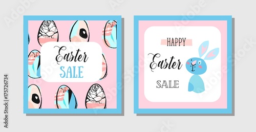 Hand drawn vector abstract creative Easter Sale greeting postcard design template with painted Easter eggs and Easter bunny isolated on white background.Design for invitation,journaling,decoration.
